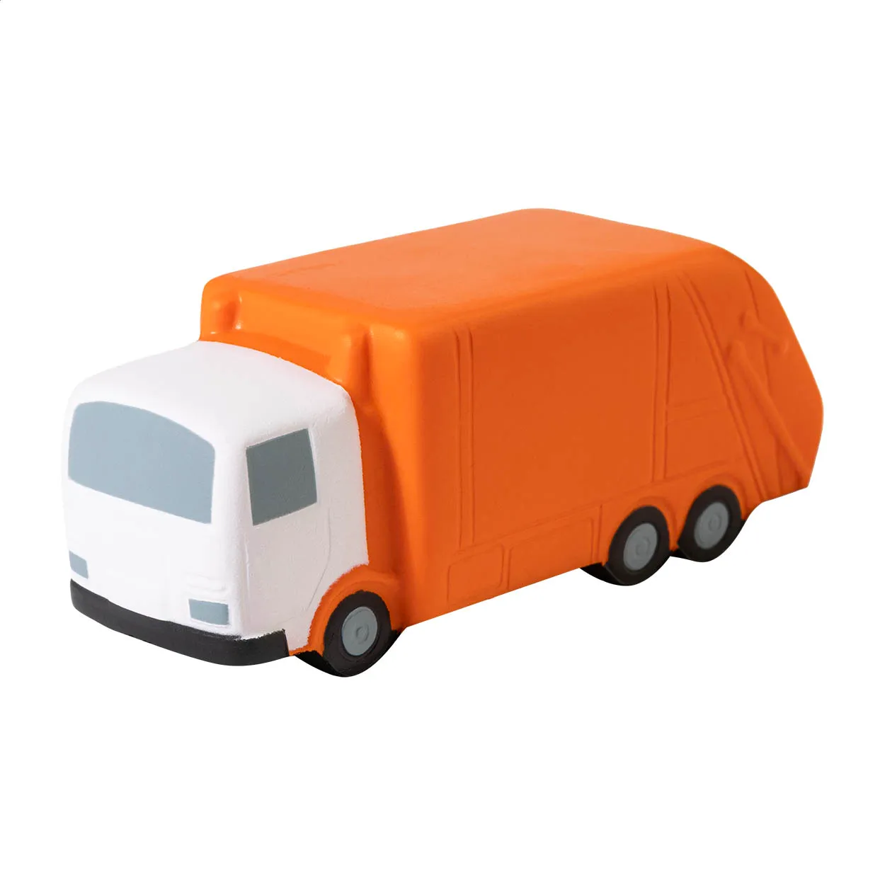 Oranje vrachtwagen in de vorm van een stressbal op een witte achtergrond