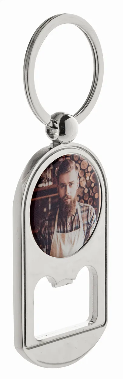 Zilveren Bubbles sleutelhanger met flesopener en ronde fotoinzet