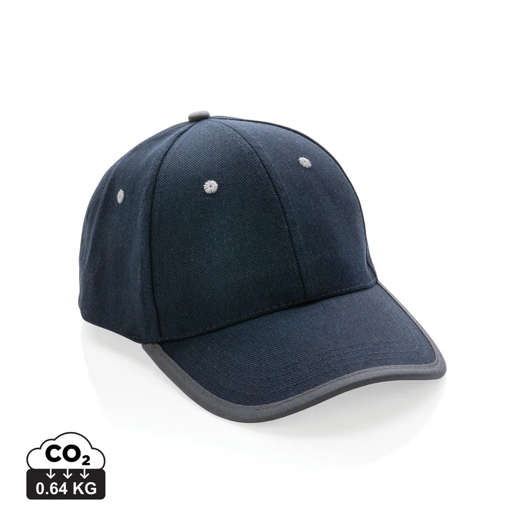 Impact AWARE™ 6 panel 280gr recycled katoen cap met bies donkerblauw