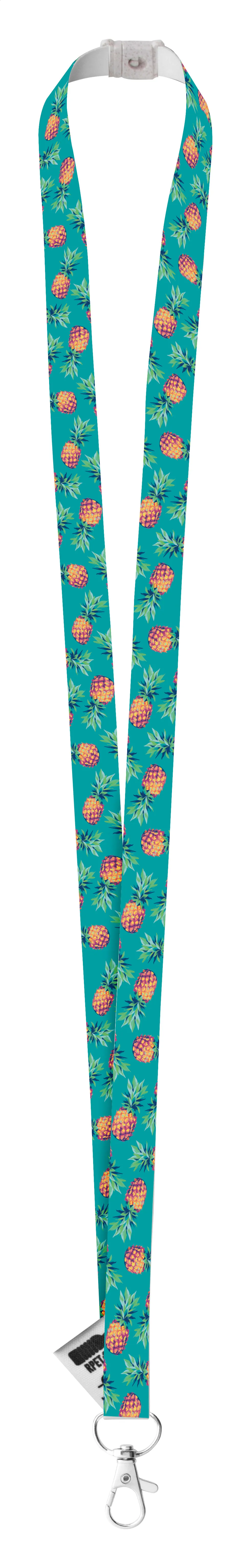 Turquoise lanyard met ananasprint, witte sluiting en metalen karabijnhaak
