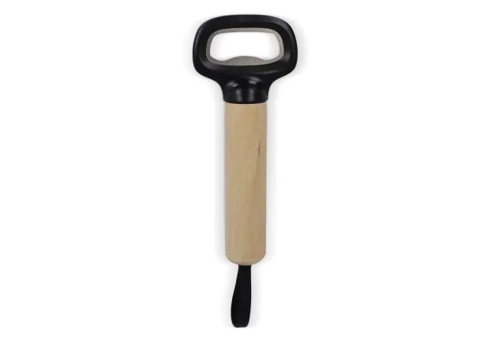 Flesopener met houten handvat en riem Zwart