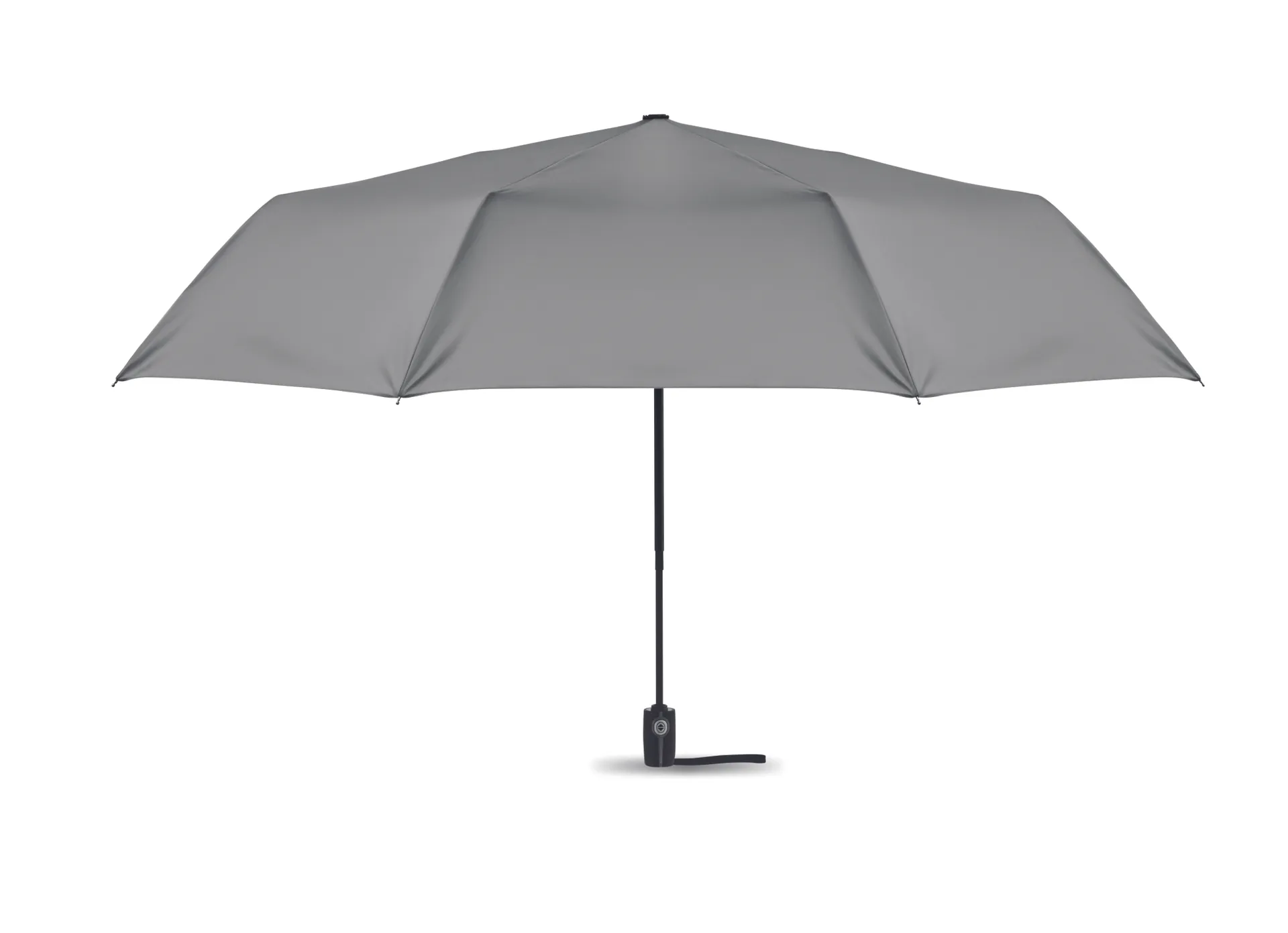 Uitgeklapte grijze windbestendige paraplu van 27 inch met zwart frame en handvat