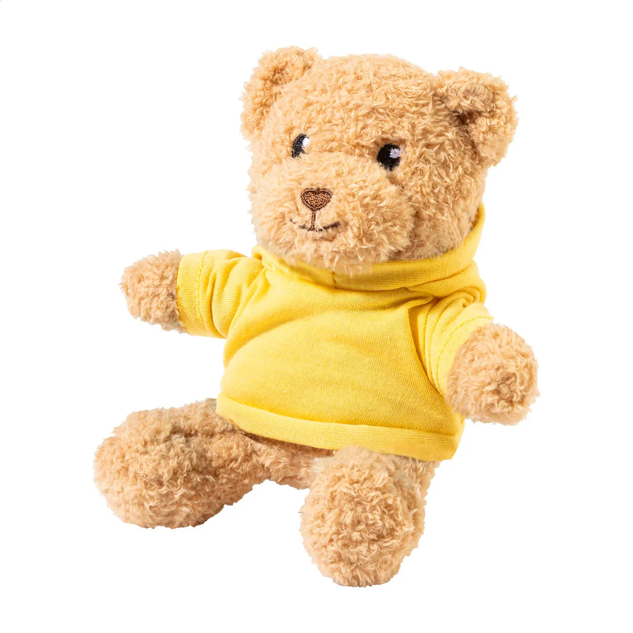 Pluche teddybeer met geel shirt op witte achtergrond