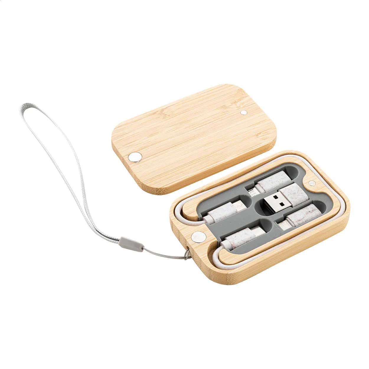 Bamboe USB-kabelset in een open opbergdoos met polsband