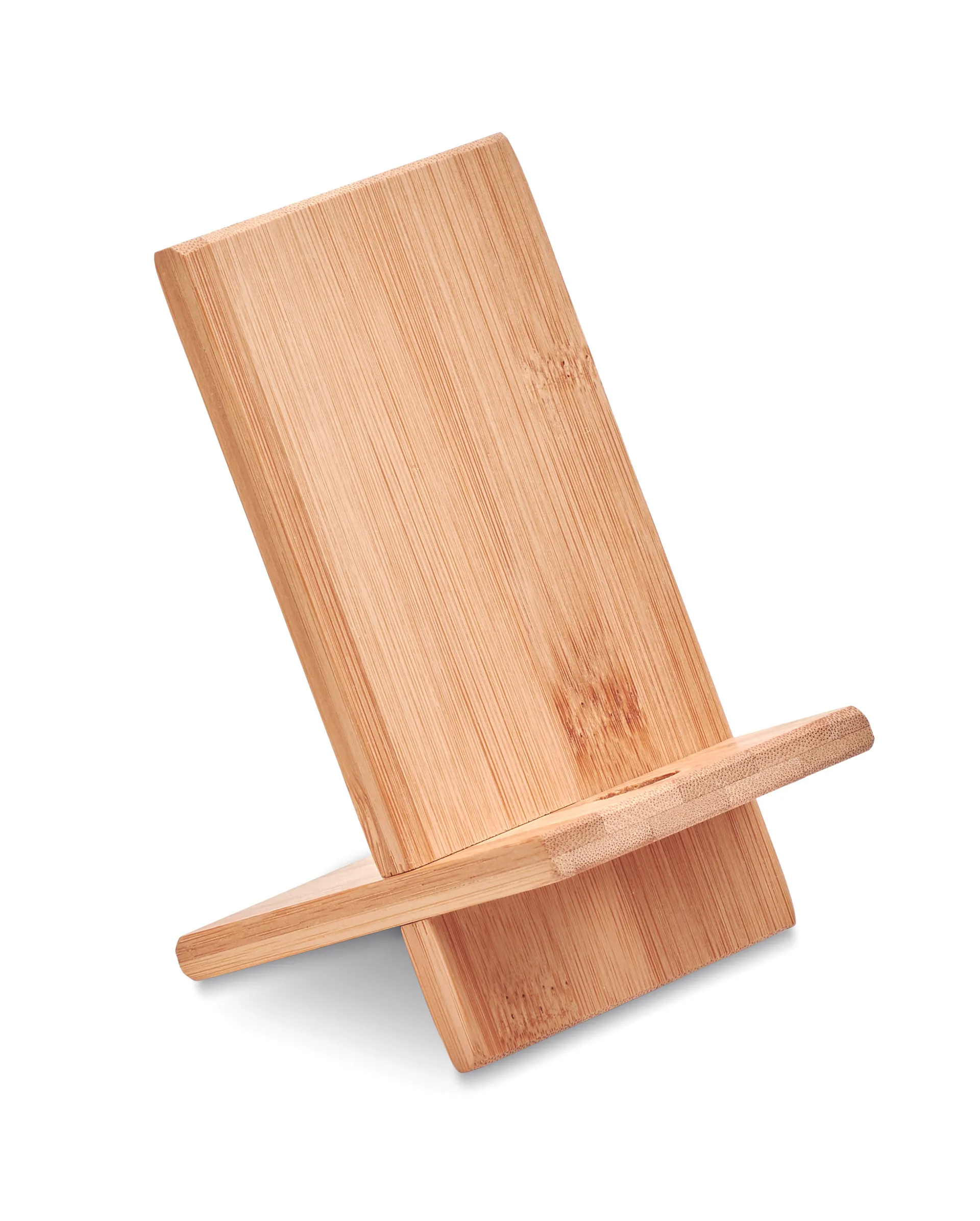 Bamboe telefoonhouder met houten steunlat op witte achtergrond