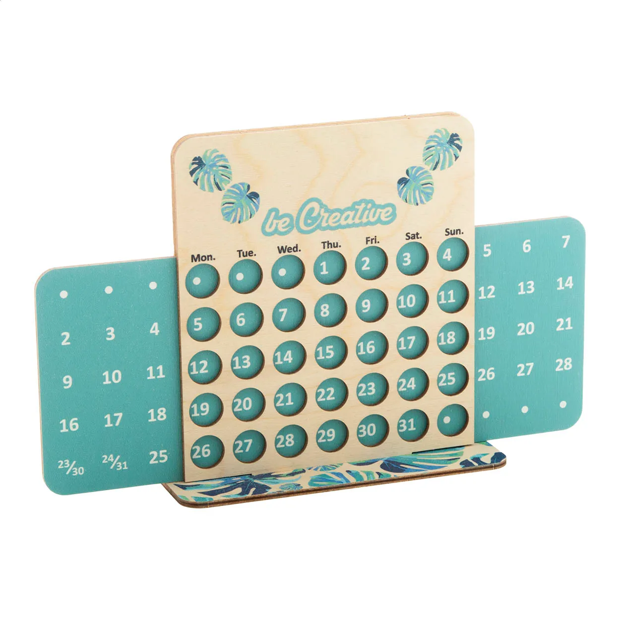 Houten kalender met turquoise datumknoppen, weekindeling en bladmotief