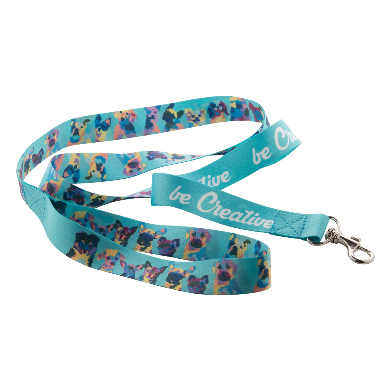Turquoise hondenriem met kleurrijk hondenpatroon en metalen karabijnhaak