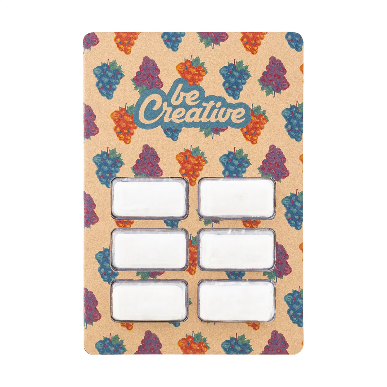 Kauwgomverpakking met fruitpatroon, zes witte vakken en het logo 'Be Creative'