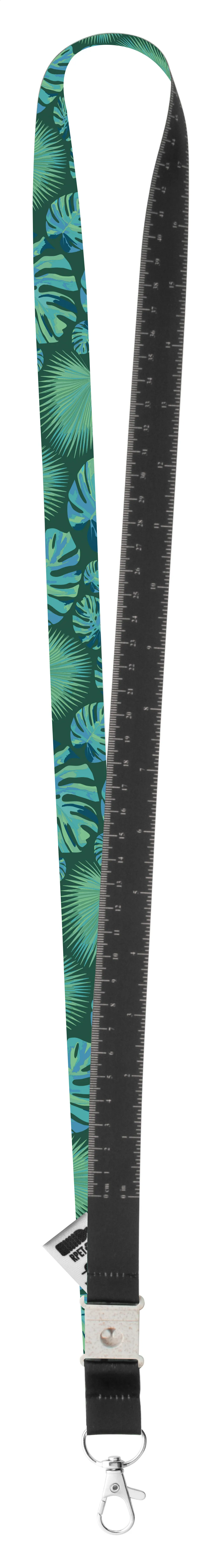 Lanyard met groen botanisch patroon, zwarte achterzijde en metalen karabijnhaak