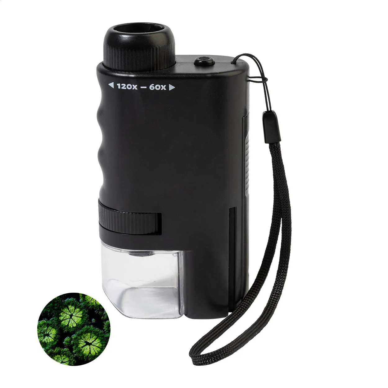 Zwarte mini-microscoop met instelbare vergroting, transparant kijkvak en polsband