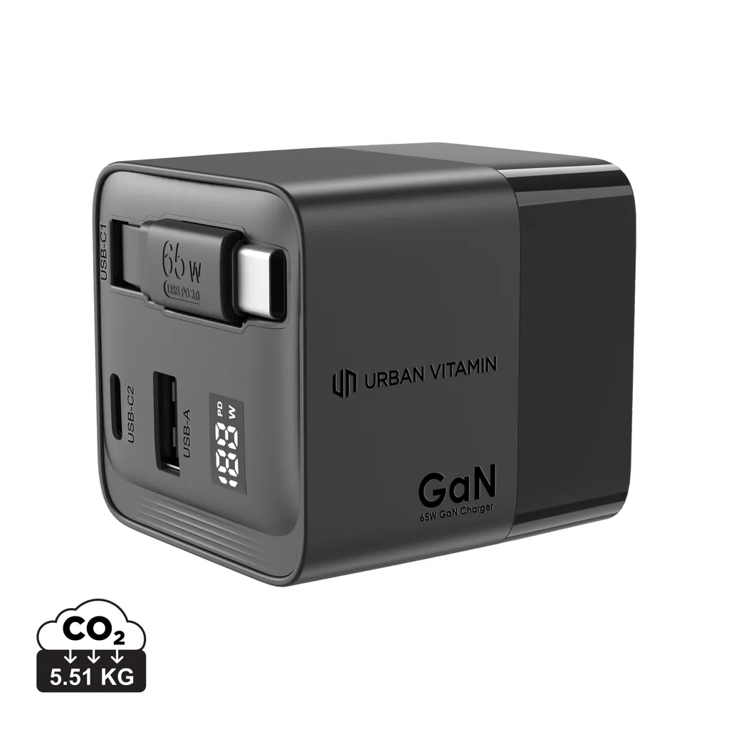Urban Vitamin Mendocino 65W GaN lader, uittrekbare kabel zwart