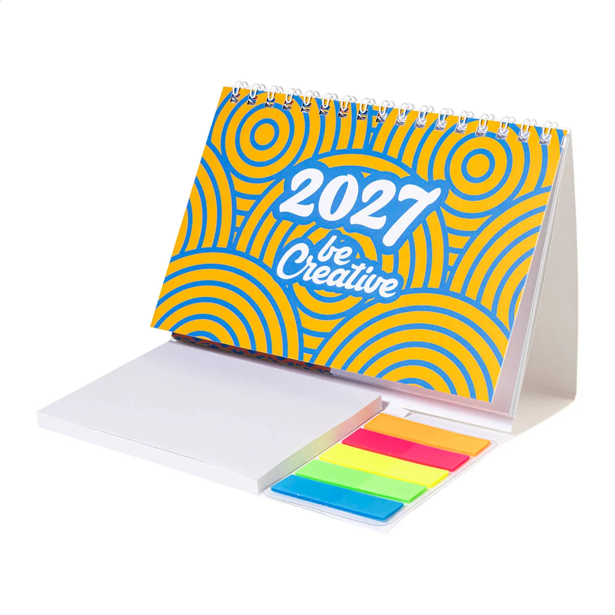 Bureaukalender met gekleurde memoblaadjes en bedrukte omslag