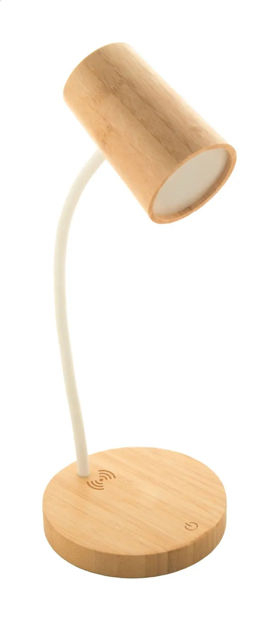 Houten bureaulamp met ronde voet, gebogen lichtarm en cilindrische lampenkap