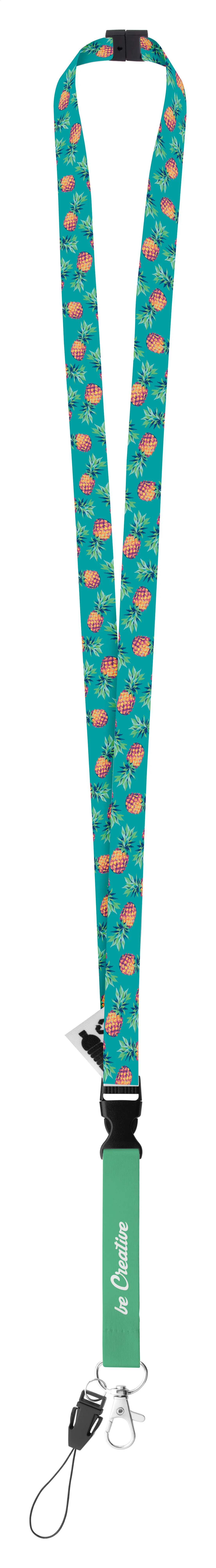 Turquoise lanyard met ananaspatroon, zwarte sluiting en metalen haak