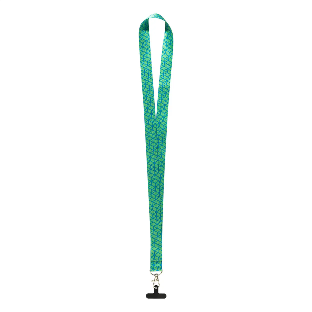 Groene en blauwe RPET-lanyard met zwarte mobiele telefoonhouder