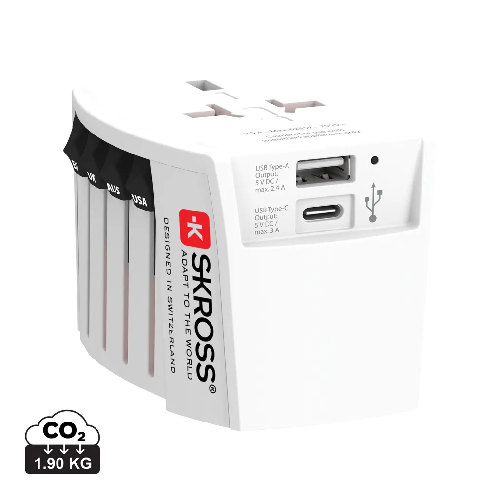 SKROSS MUV 2-polige wereldreisadapter met USB A en C wit