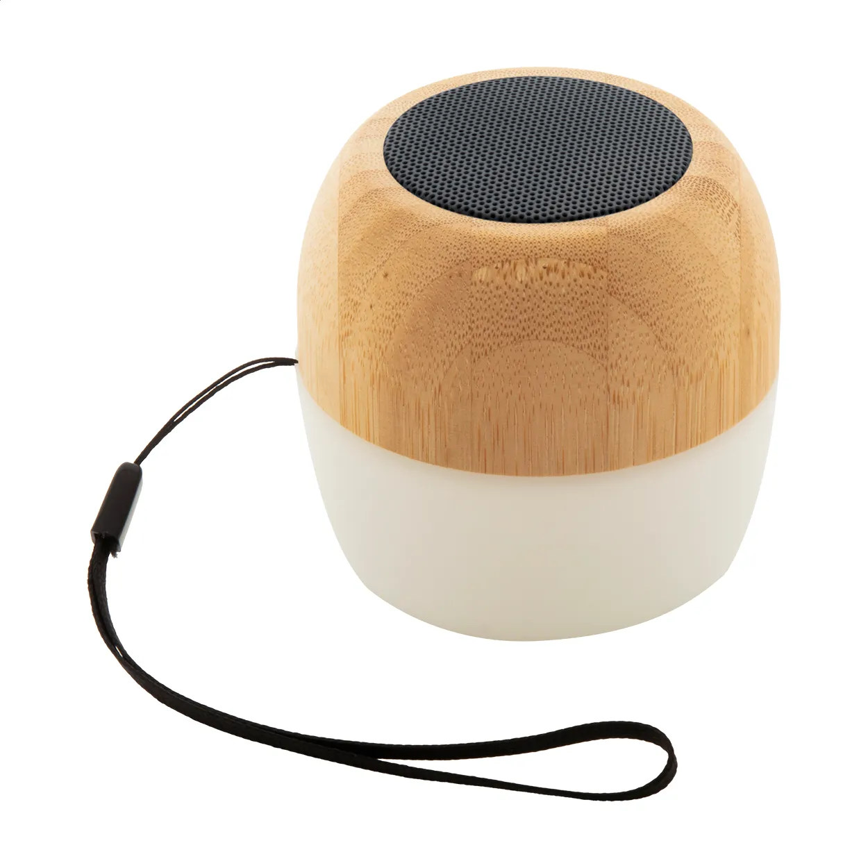 Ronde bamboe speaker met witte behuizing en zwart draagkoord