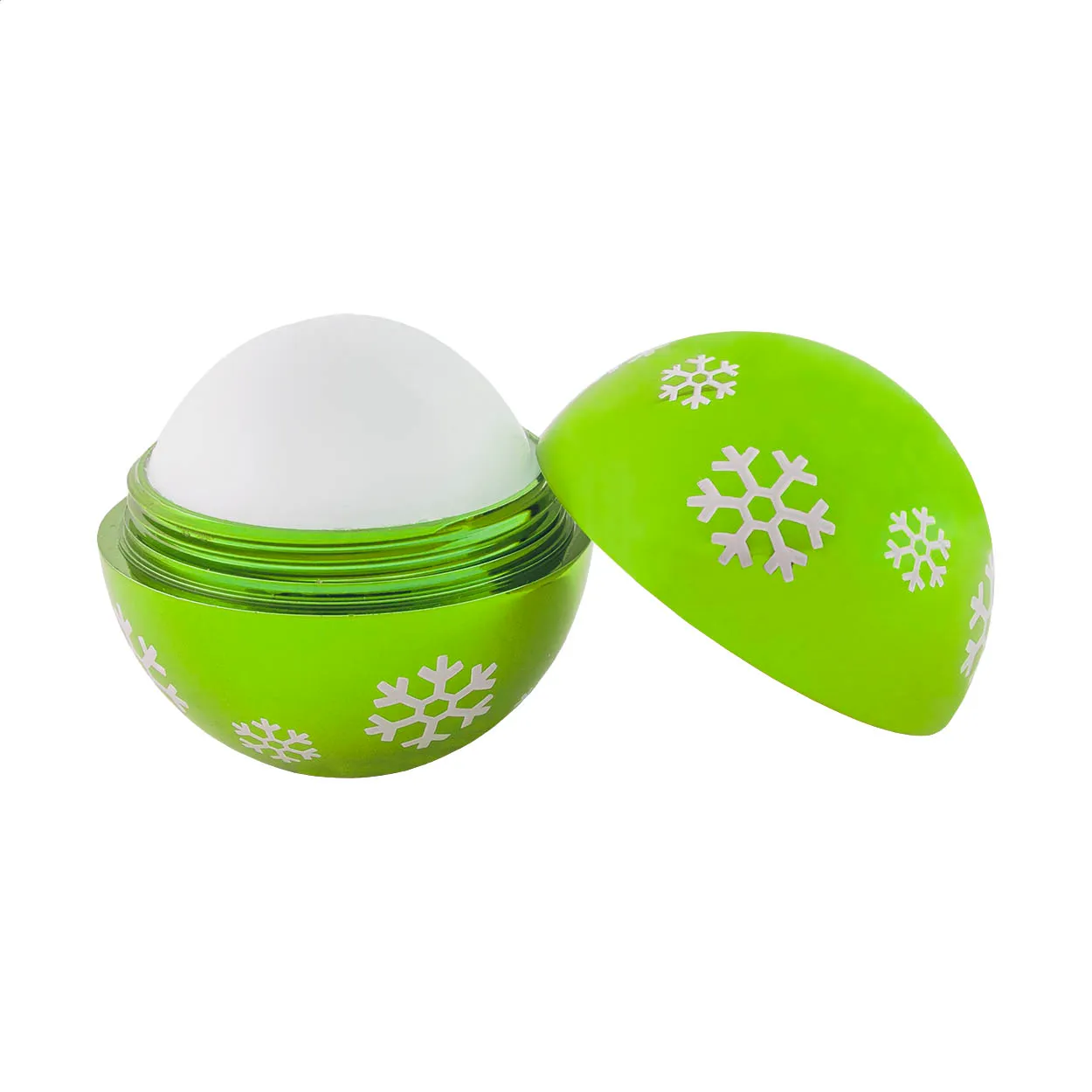 Groen rond blikje met witte sneeuwvlokken en open deksel