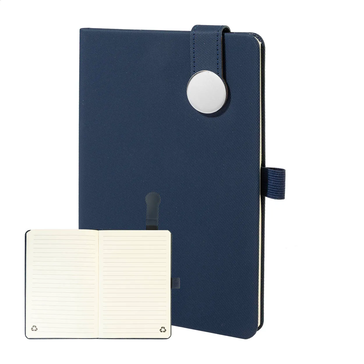 Donkerblauw notitieboek met elastische sluiting en open gelinieerd notitieblok