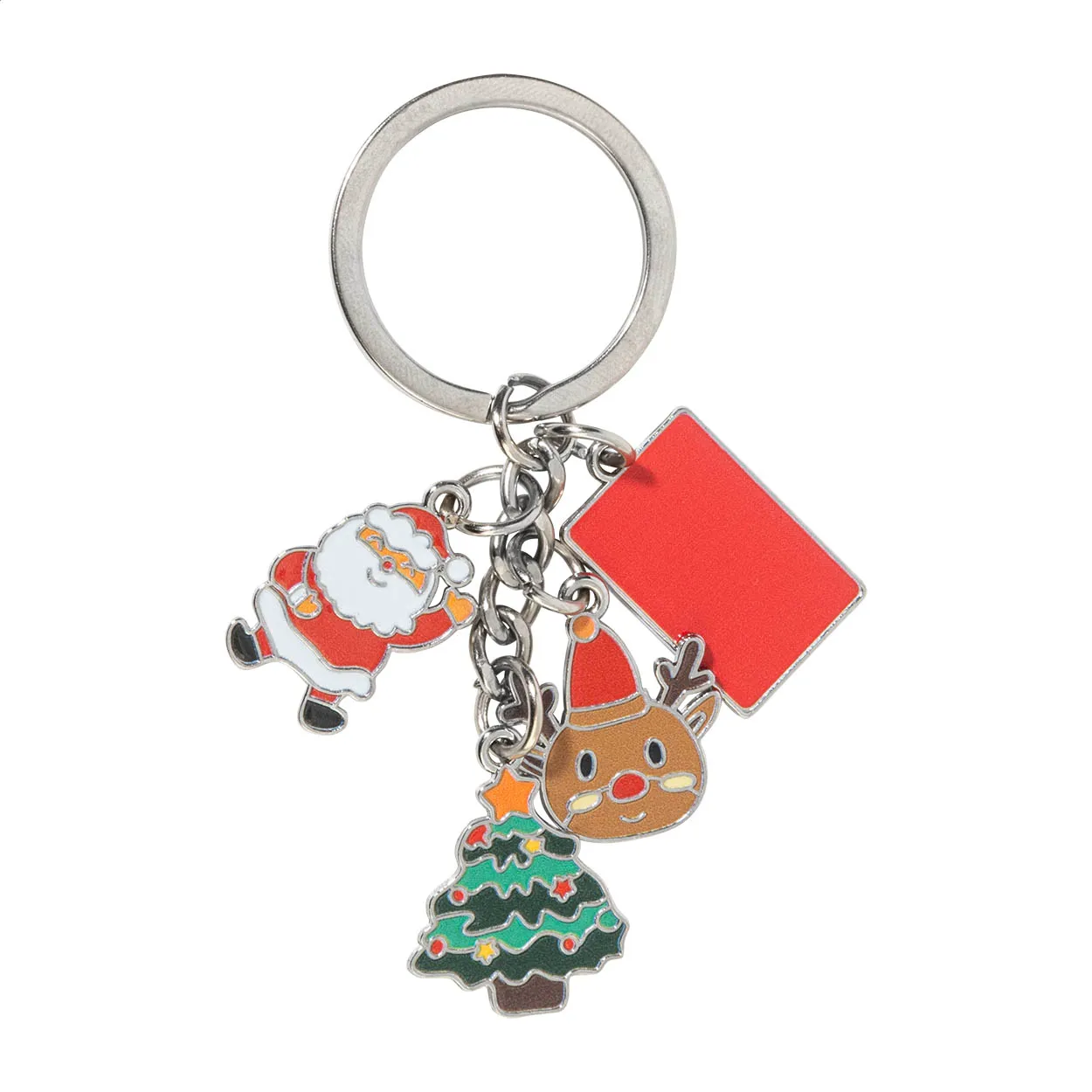 Kerstsleutelhanger met kerstman, rendier, kerstboom en rood label