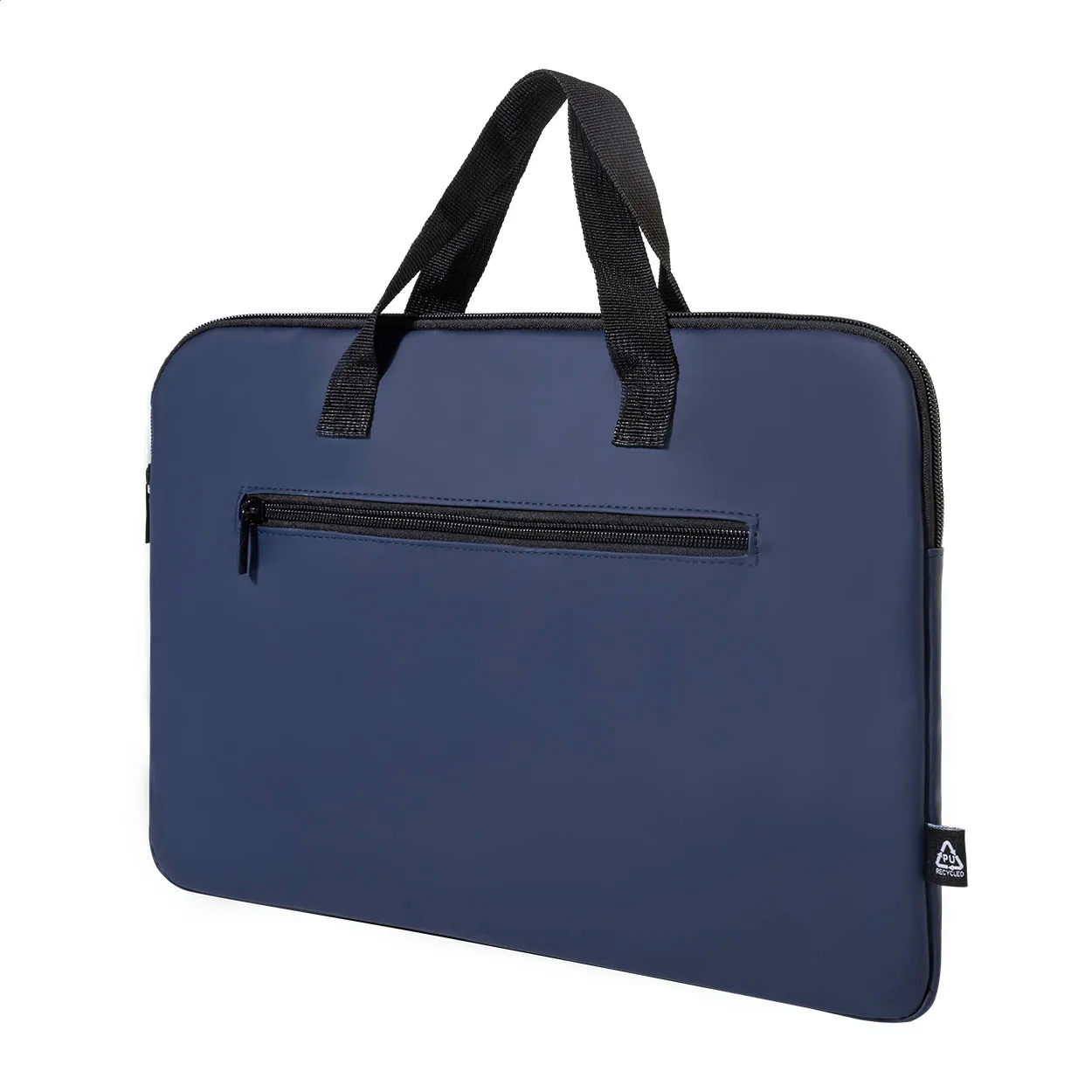 Donkerblauwe laptoptas met zwarte handvatten en ritsvak