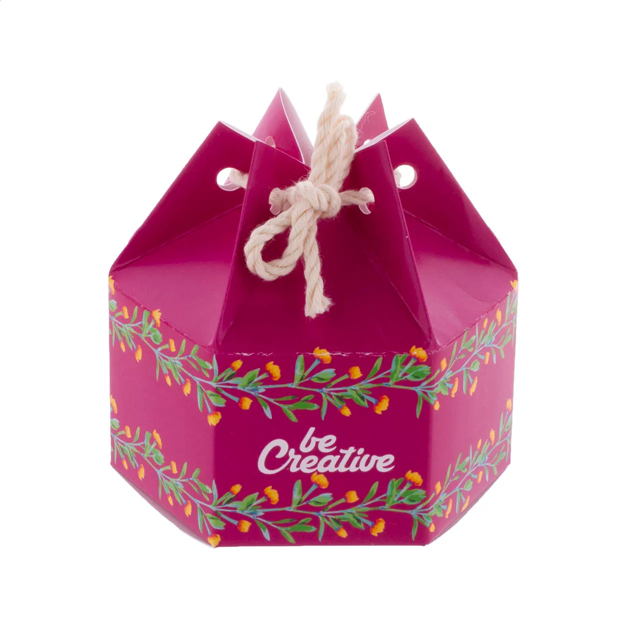 Roze zeshoekige geschenkdoos met bloemenpatroon en katoenen touwsluiting