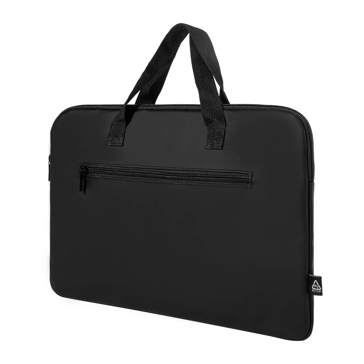 Zwarte laptoptas met handvatten, voorvak met rits en label van gerecycled materiaal