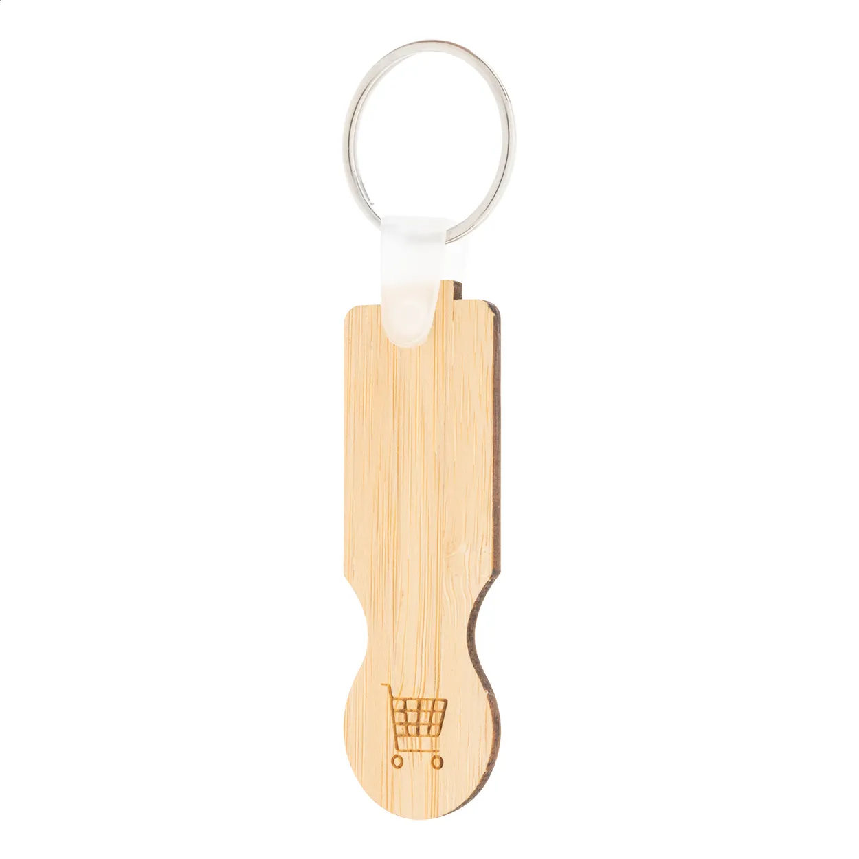 Houten sleutelhanger met winkelwagenicoon en metalen ring