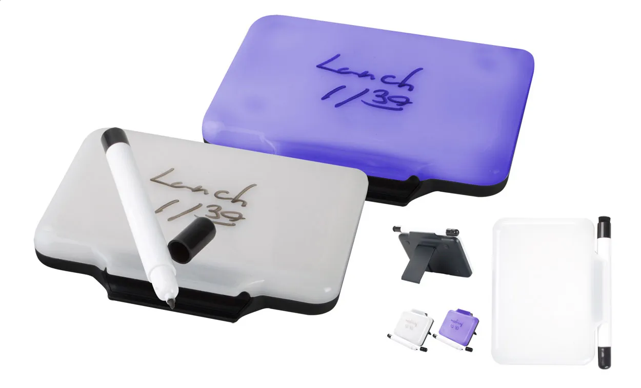 Witte en paarse mini-whiteboards met uitwisbare markers en uitklapbare standaard