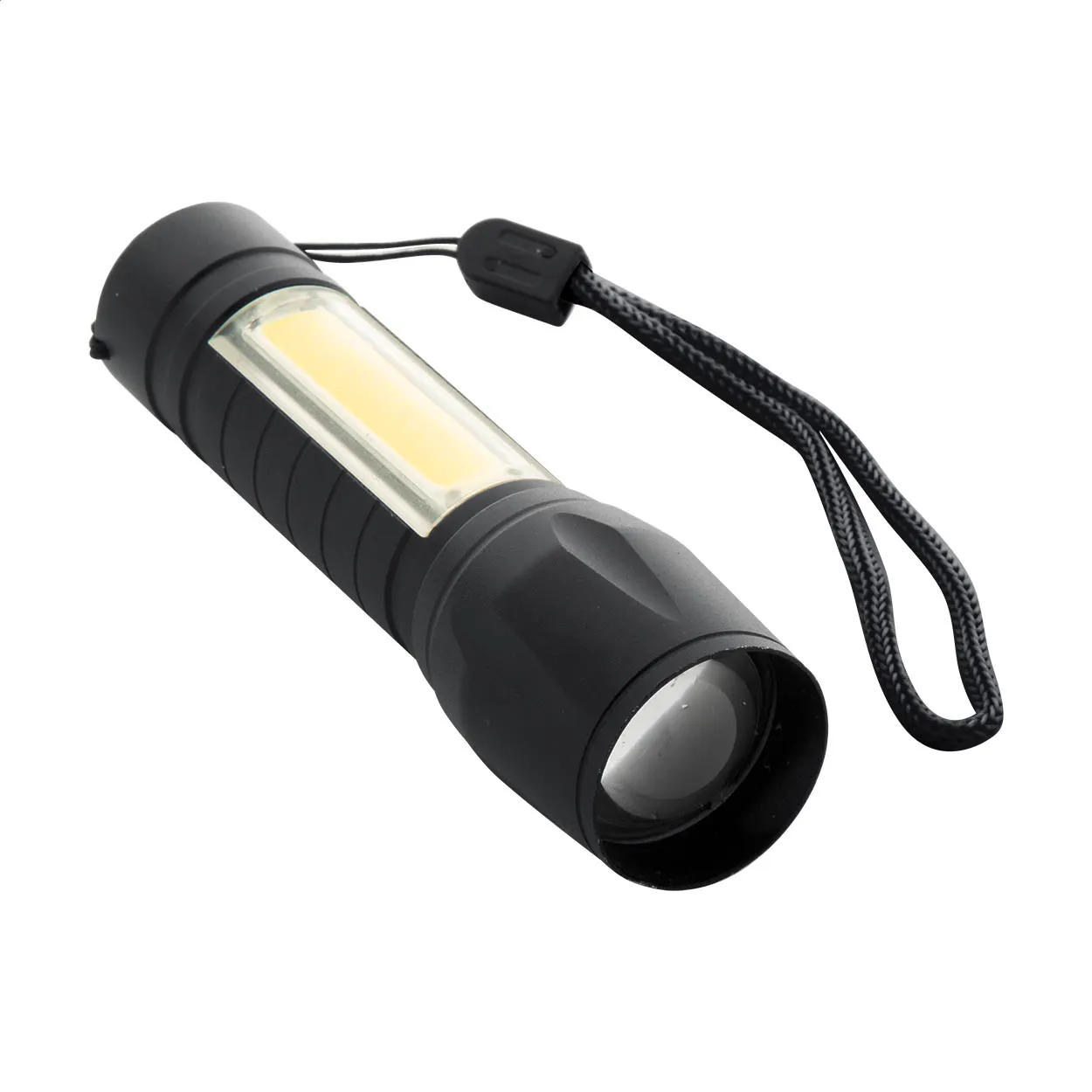 Zwarte zaklamp met zijlamp en polskoord