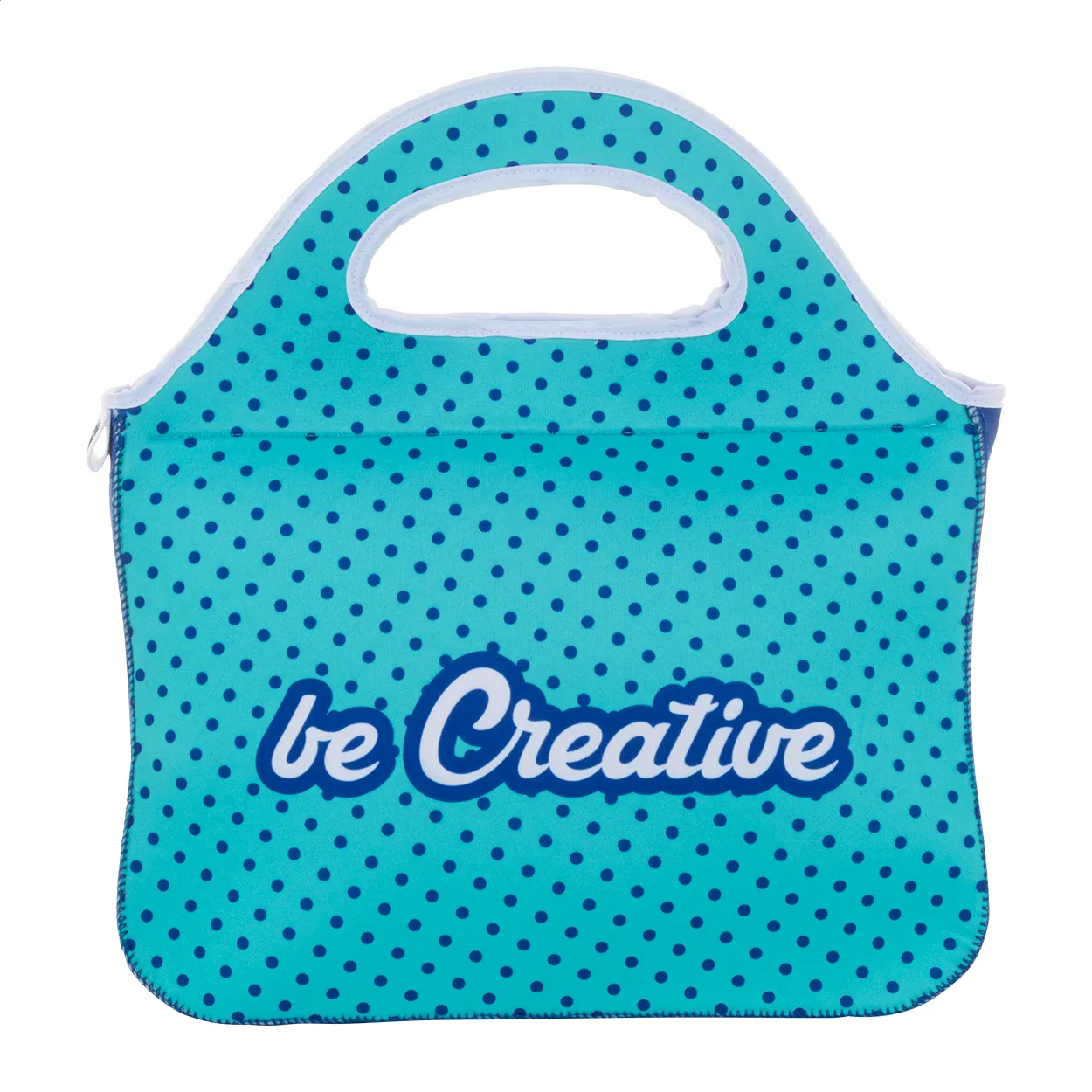 Turquoise lunchtas met blauwe stippen, wit handvat en tekst Be Creative