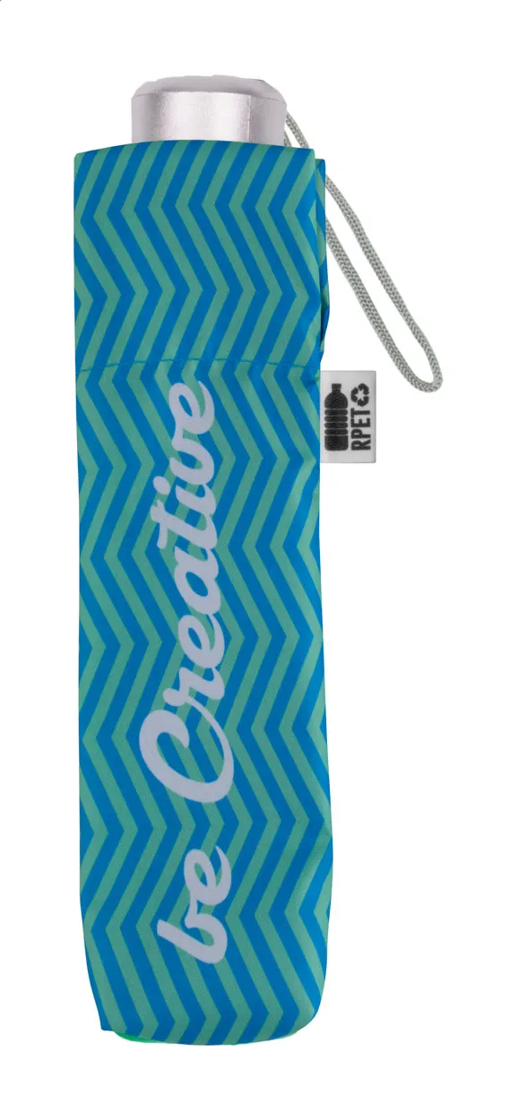 Blauwgroene opvouwbare paraplu in RPET-hoes met wit logo