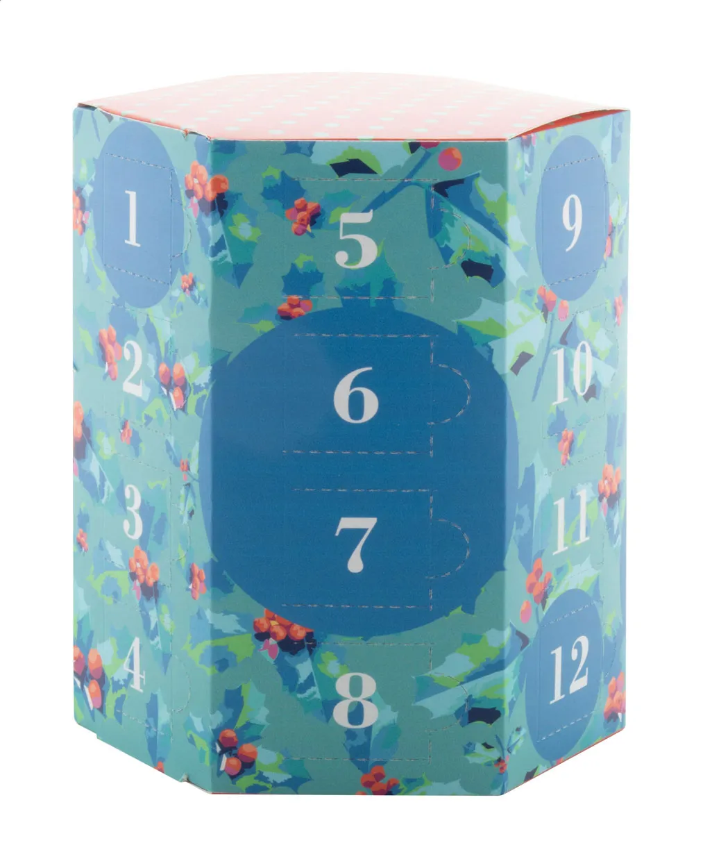 Kubusvormige adventskalender met genummerde vakjes en kleurrijk kerstpatroon