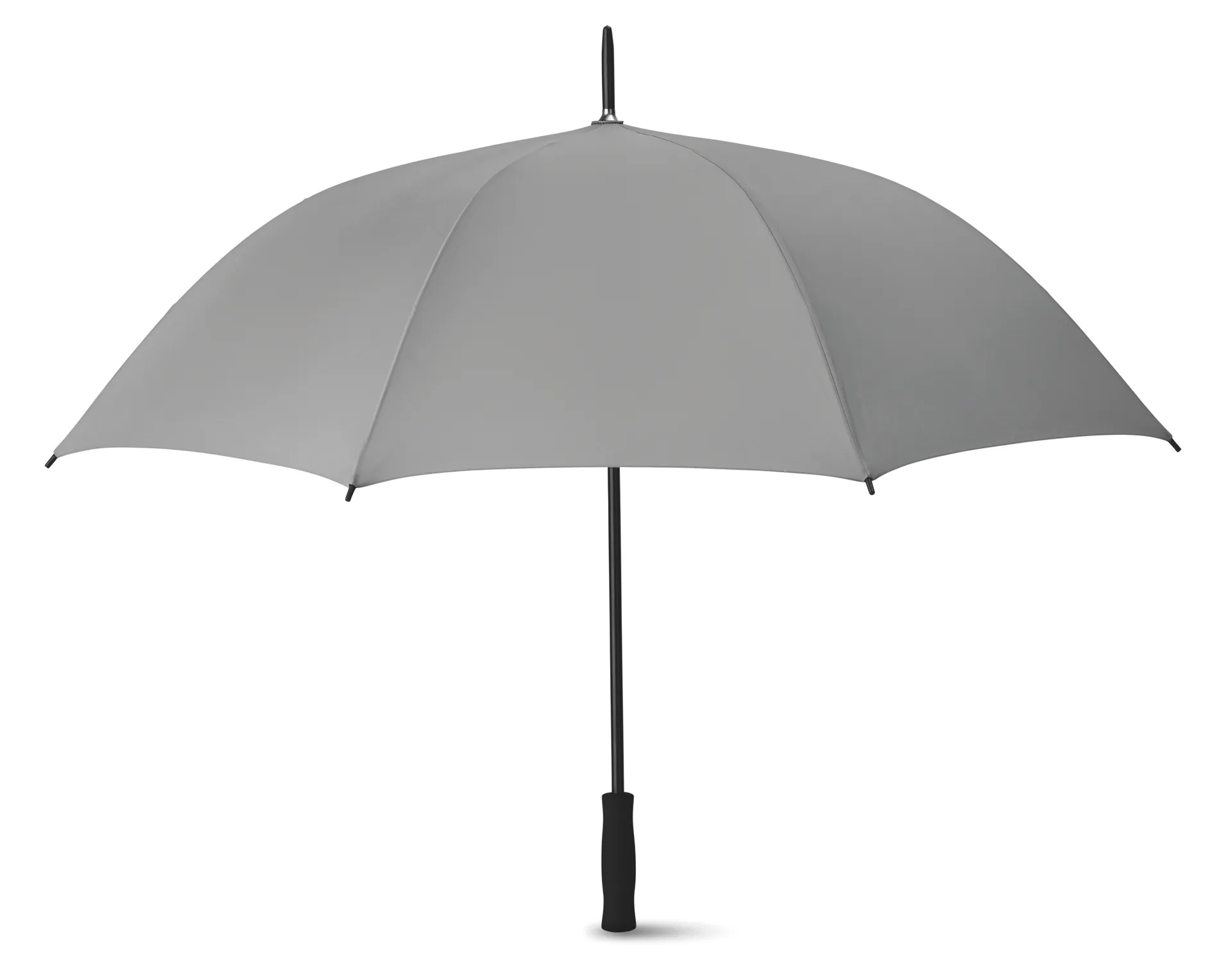 Open grijze 27 inch paraplu met zwart handvat