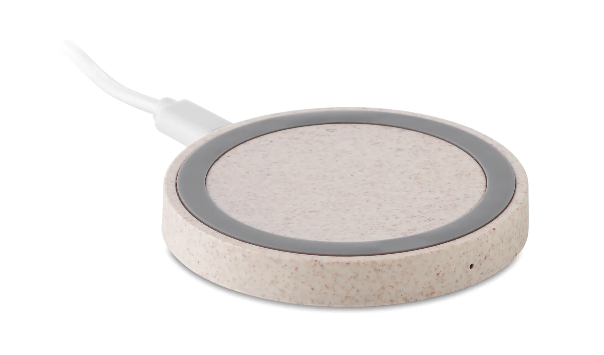 Beige ronde draadloze oplader van tarwestro en ABS met witte kabel