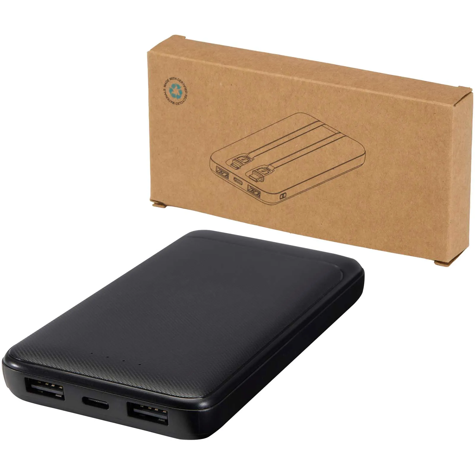 Adhil powerbank van 10.000 mAh 10 W van gerecycled plastic met 2 ingebouwde kabels Zwart