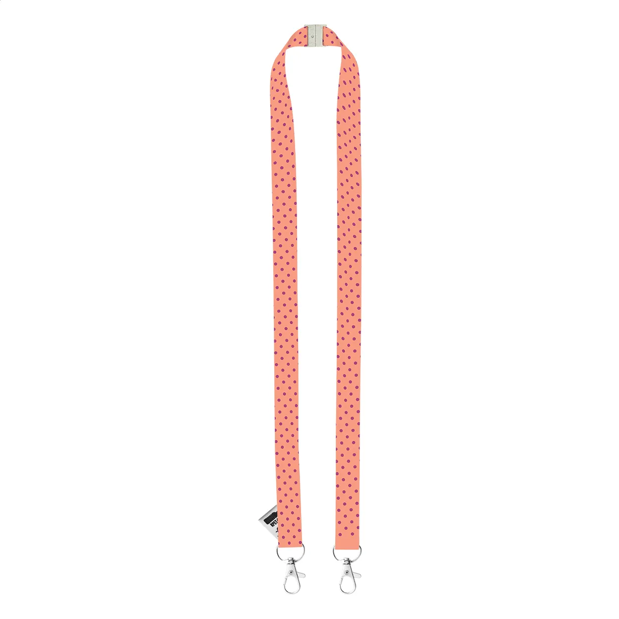 Roze lanyard met paarse stippen en dubbele metalen clips