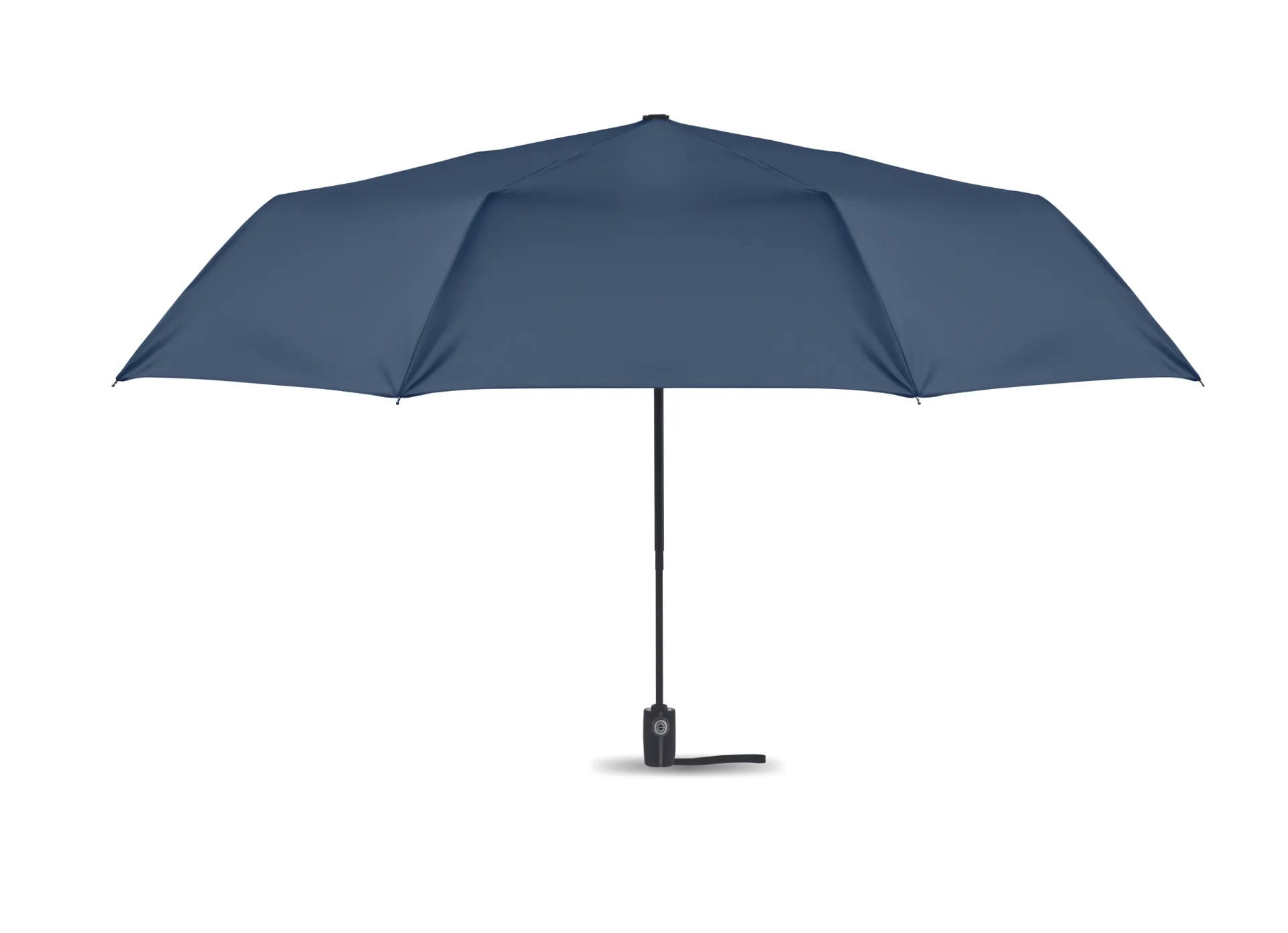 Uitgeklapte blauwe 27 inch paraplu met zwart handvat