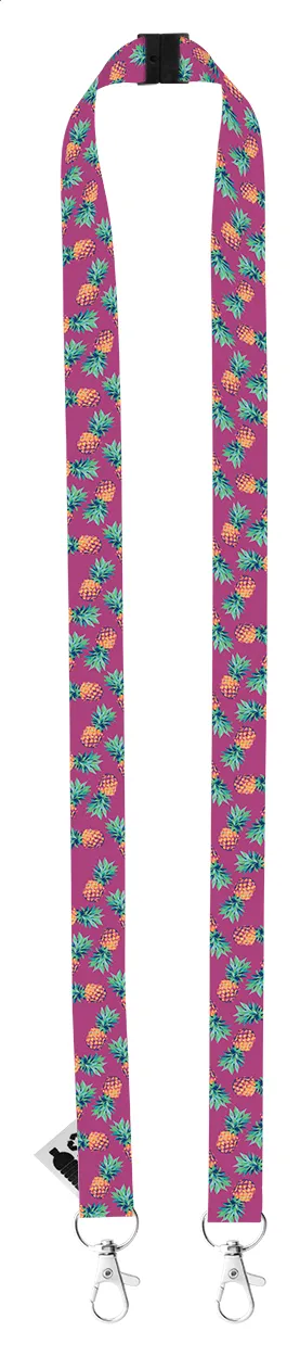 Paarse lanyard met ananasprint, veiligheidssluiting en twee metalen clips