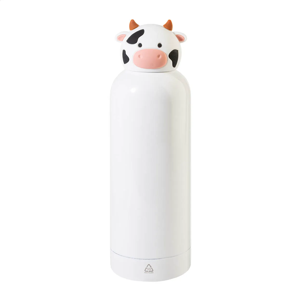 Witte drinkfles met koeienkop, zwarte vlekken en roze snuit