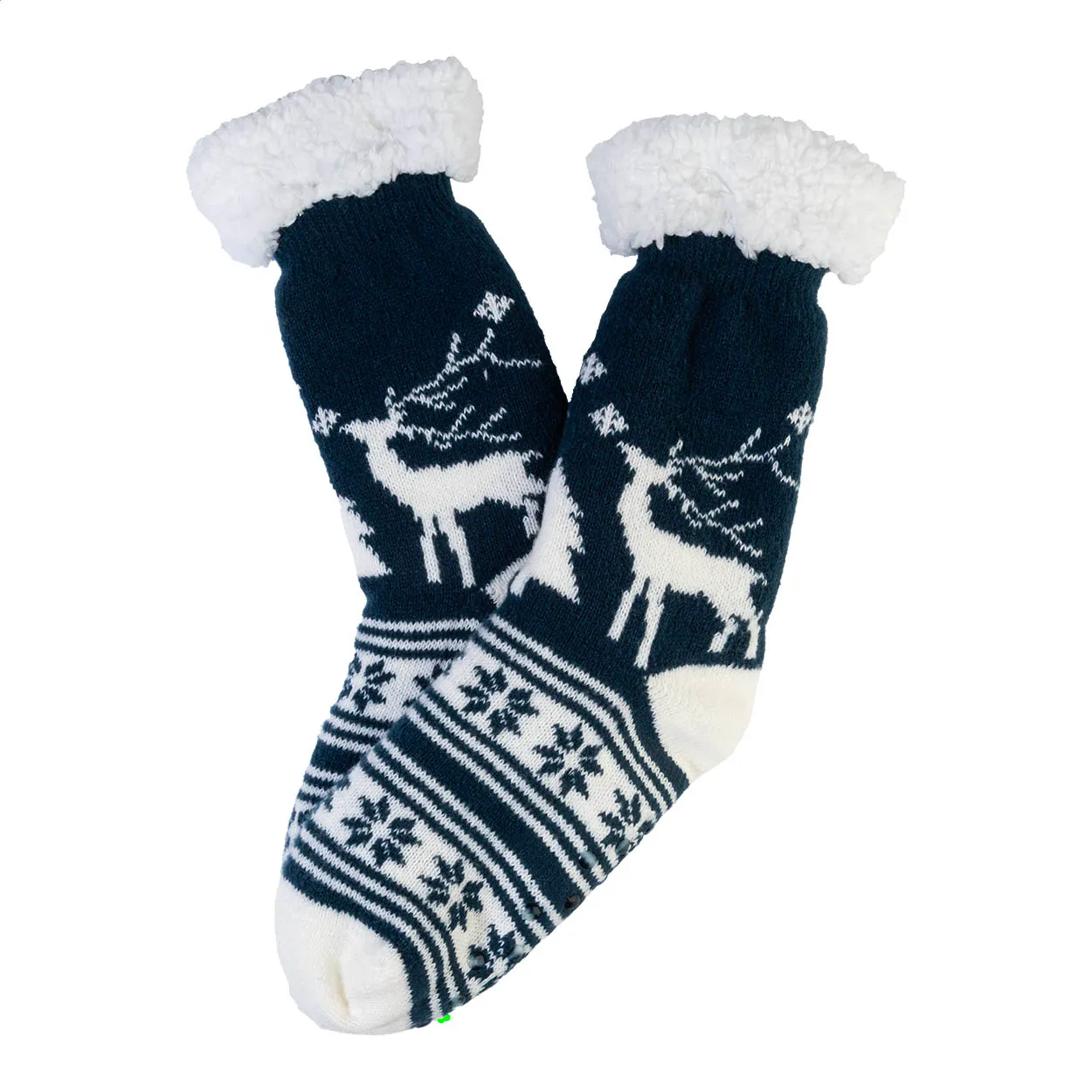 Donkerblauwe gebreide kerstsokken met rendiermotief en witte boord