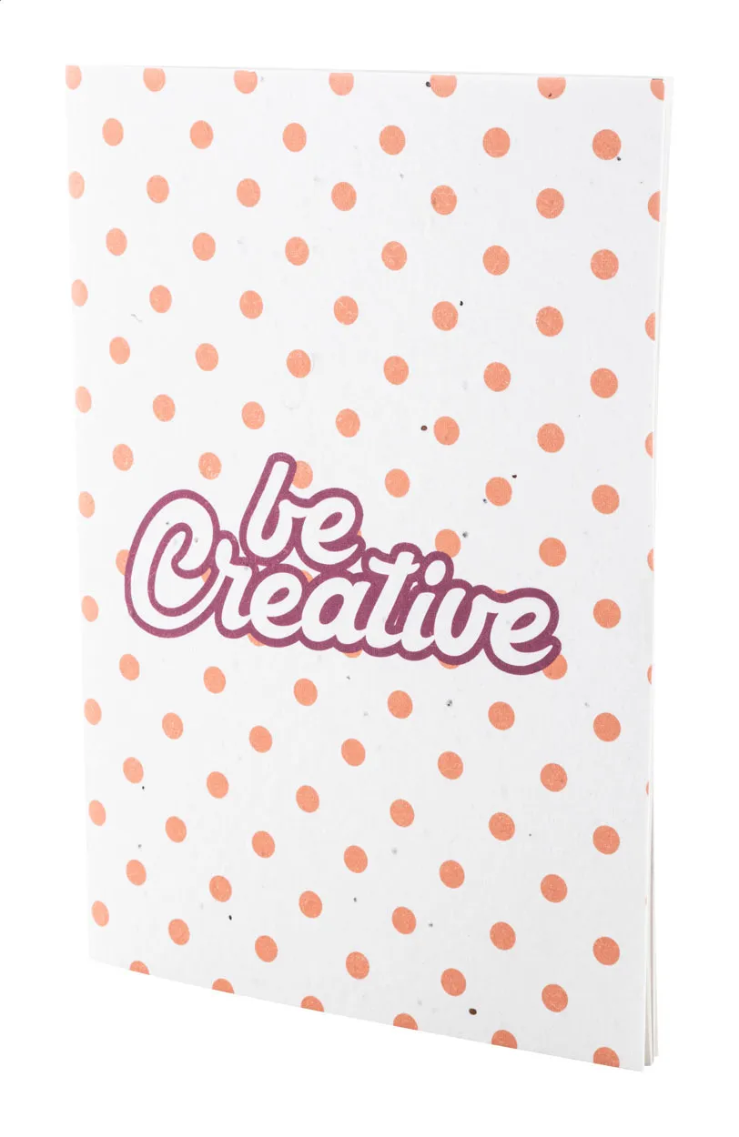 Wit A5-notitieboek van zaadpapier met oranje stippen en opschrift Creative