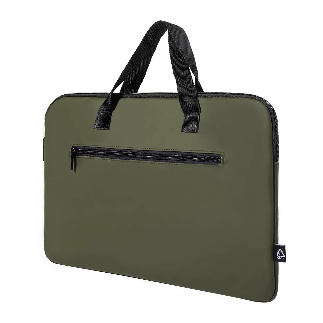 Olijfgroene laptoptas met zwarte handvatten en voorvak met rits