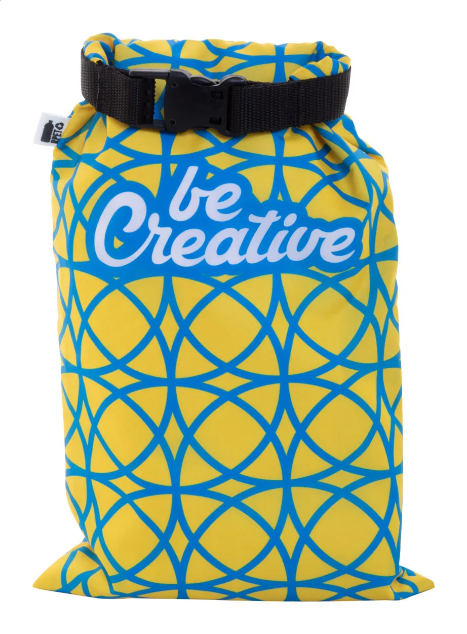 Gele broodzak met blauw patroon, zwarte sluiting en witte opdruk