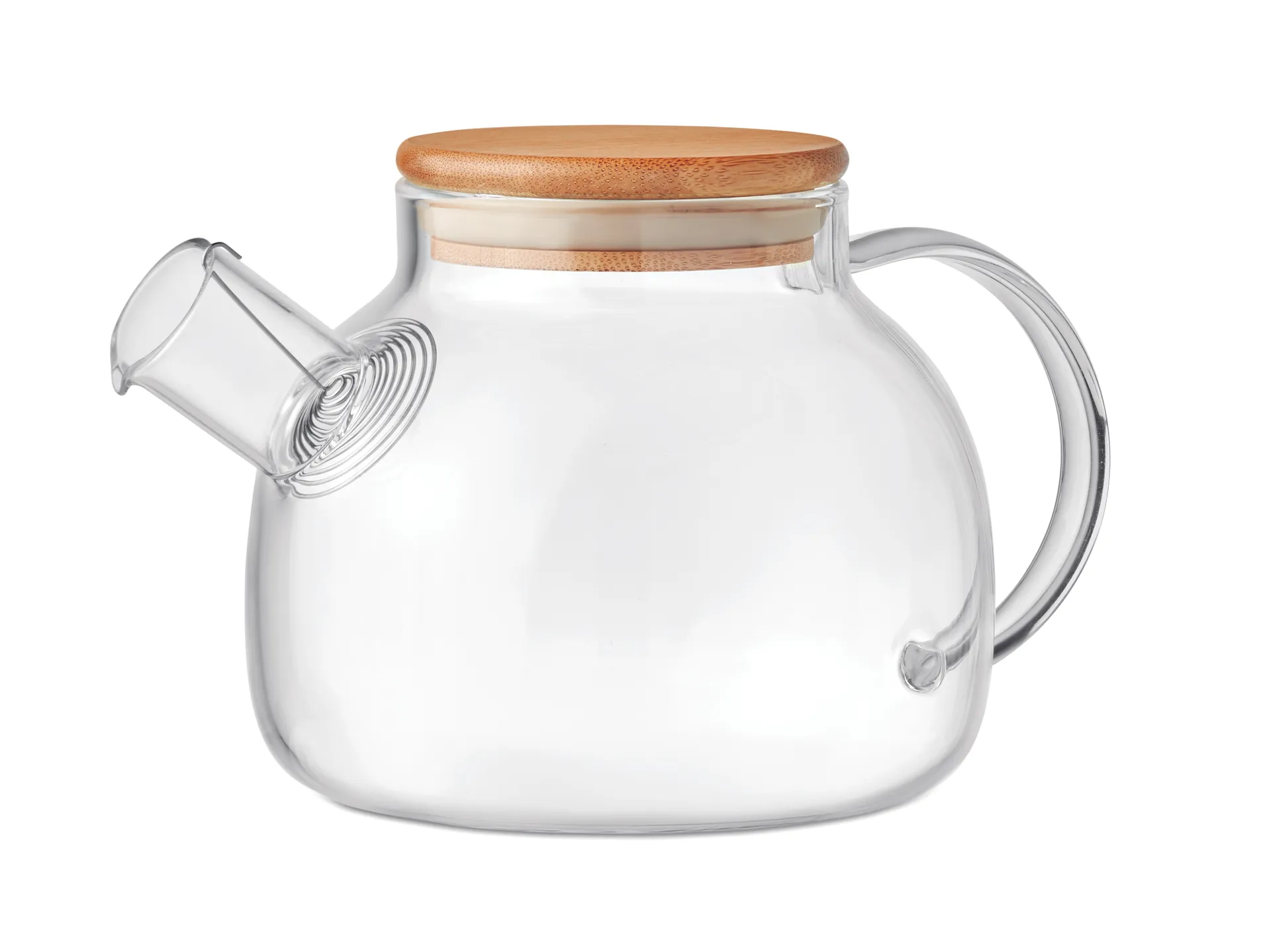 Transparante glazen theepot met bamboe deksel, handvat en schenktuit