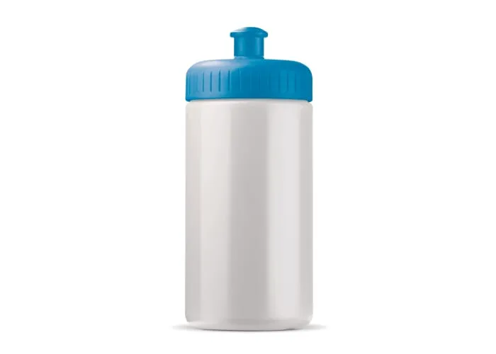 Witte sportbidon met lichtblauwe dop, 500ml capaciteit, ideaal voor bedrukking met logo.