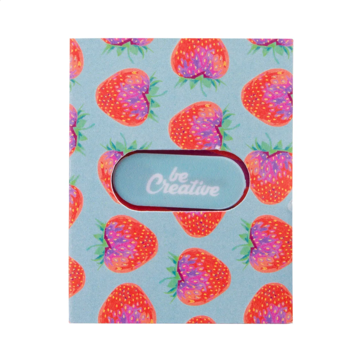 Webcamcover met aardbeienpatroon en bedrukt logo