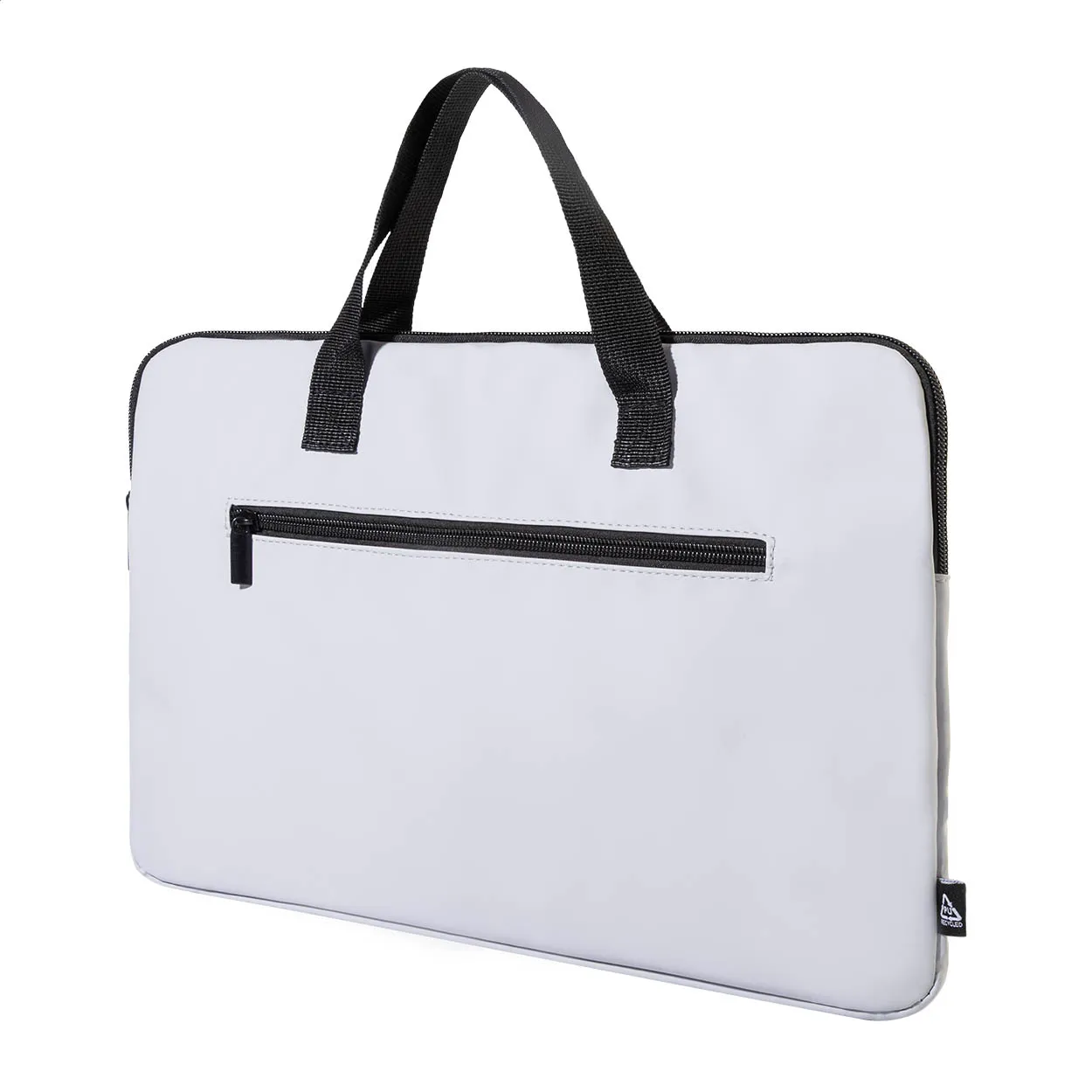 Witte laptoptas met zwarte handvatten en ritsvak