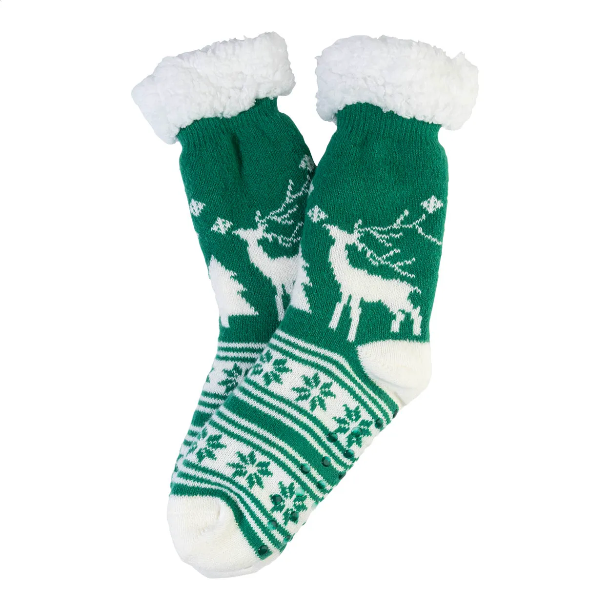 Groene kerstsokken met witte omslag en rendierpatroon