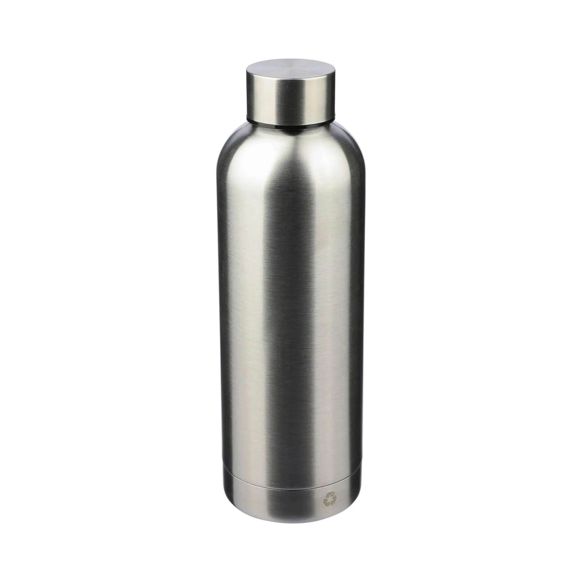 Geïsoleerde fles Isaiah van 500 ml in zilver met zwarte dop, gemaakt van gerecycled materiaal.